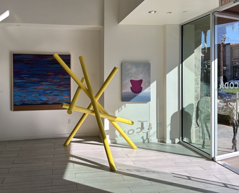 Pickup Sticks, a colorful steel sculpture by Caleb Siegler